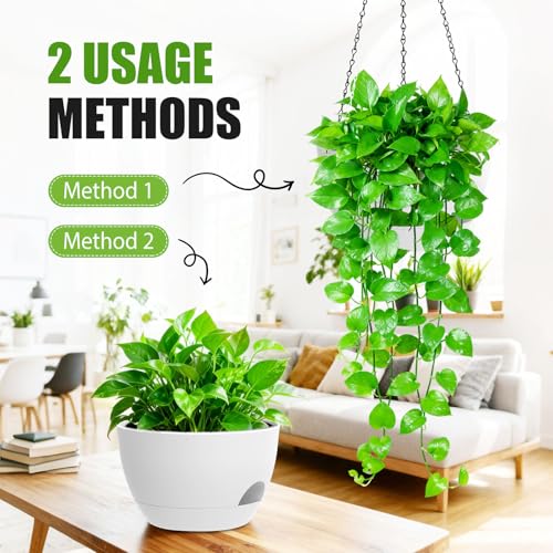 8 Inch Hanging Planters for Indoor Outdoor Plants, 4 Pack White Plastic Self Watering Hanging Baskets with Drainage Holes and Chain for Garden Porch - color: White