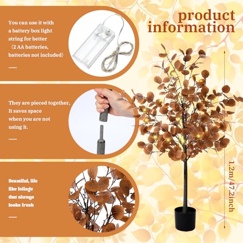 1 Pcs 4ft Lighted Fall Eucalyptus Leaves Branches Artificial Autumn Ficus Fall Long Silver Dollar Leaves Fake Silk Eucalyptus Stems with Lights Faux Tree Decor for Porch Front Outdoor - color: Yellow Brown