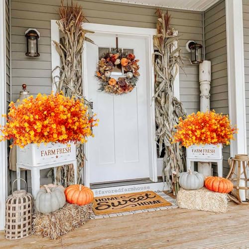 Grunyia 12 Bundles Artificial Fall Flowers No Fade Faux Autumn Plants, Fake Indoor Outdoor Greenery Decorations for Thanksgiving Christmas Wedding Party Home Garden Fireplace Décor (Fall Orange) - color: Fall Orange