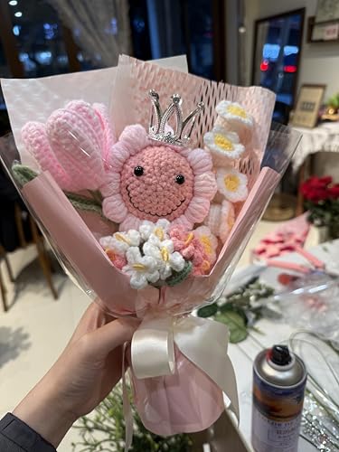 Pink Sunflower Tulips Crochet Flowers Bouquet Handmade Knitted Artificial Flowers Home Decor Graduation Mother's Day Birthday Anniversary Wedding Gift for Wife Lover Teacher Friends with Card - color: Flowers015