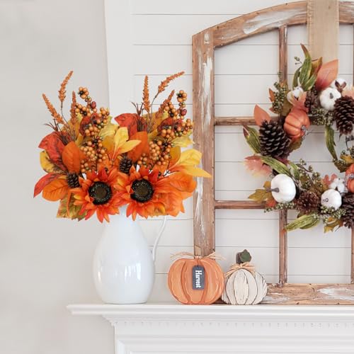 Briful Set of 2 16in Fall Orange Sunflower Picks and Sprays with Pinecones Berries Eucalyptus Leaves Artificial Fall Floral Branches Stems for Autumn Home Wedding Party Vase Centerpieces Decor - color: Orange Brown