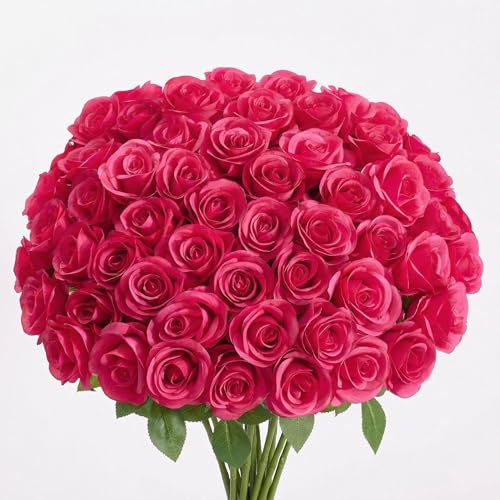 55 Pcs Hot Pink Roses Artificial Flowers Bulk, Artificial Roses Fake Flowers with Adjustable Stems, Soft Foam Roses for DIY Wedding Bouquets, Bridal Shower Centerpieces, Home Party Decor - color: Hotpink