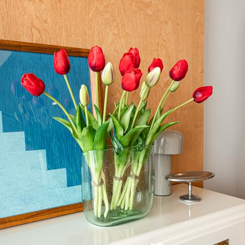 Artificial Tulips Flowers,Latex Bouquet, Fake Tulips,Spring Wedding Home Room Table Centerpiece Decor - color: 15pcs Red(no Vase)