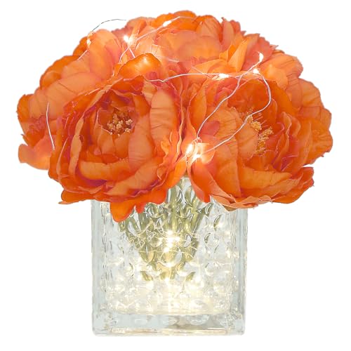 Artificial Peony Silk Flower Centerpieces with LED Light Faux Floral Arrangement in Glass Vase for Home Wedding Table Decoration (Orange) - color: Light-orange