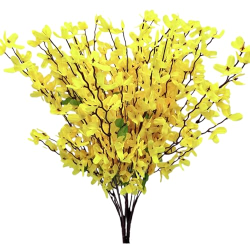 FERIAL 2PCS Artificial Silk Forsythia Flower Branches Yellow Jasmine Flowers Silk Fake Winter Jasmine Orchids Flowers for Indoor Outdoor DIY Floral Arrangement Wedding Party Home Office Decorate - color: Yellow-2