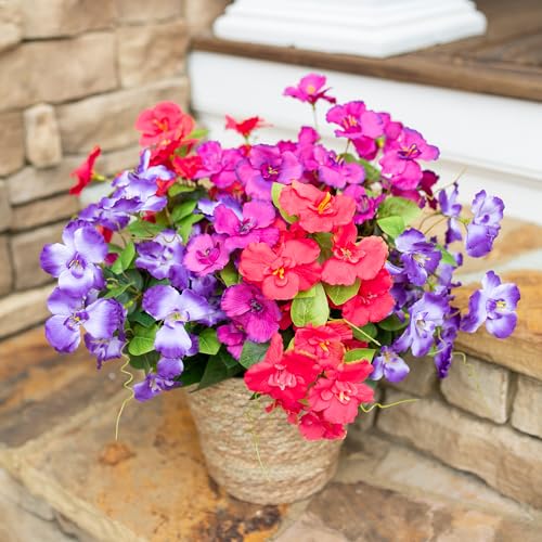 Hibiscus Artificial Flowers Plants for Outdoors Summer Decoration, 6 Bundles Fake Silk Hibiscus Bouquet Realistic UV Resistant Tropical Flowers Artificial for Outside Planter Front Door Porch Patio - color: 3-color Mix(2 Fuchsia, 2 Red, 2 Purple)