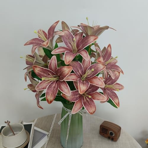 Artificial Coffee Lilies Flowers,10Pcs Faux Lily Flower,20''Tiger Lily Branch with 2 Full Blooms , Faux Fake Lilies Plants for Wedding Bouquet Home Party Indoor Floral Arrangements (10, brown) - color: Brown