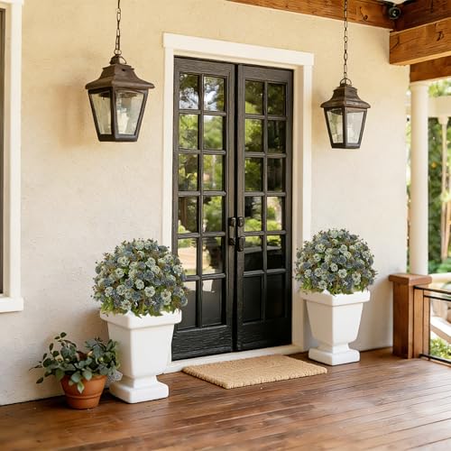 24” Artificial Flowers for Outdoors, Set of 2 Realistic Faux Blue Mums in Cement Pots, UV Resistant Fake Plants Look Real for Front Porch, Entryway & Indoor Spring Decor - color: Chrysanthemum Dusty Blue