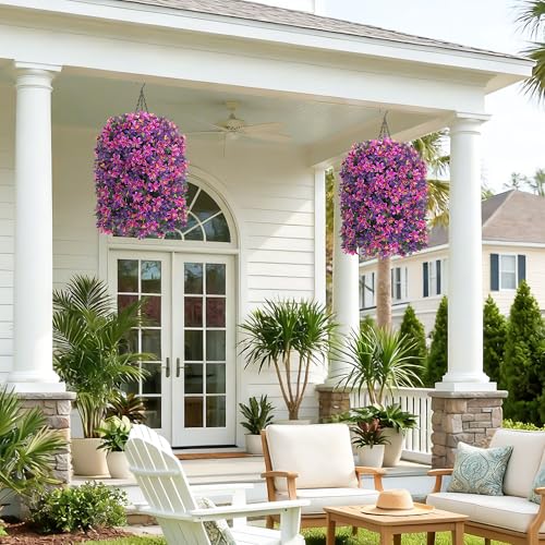 Hoppwodd Artificial Flower for Outdoors 4pcs Fake Lily Hanging Flower Baskets for Outside UV Resistant Silk Faux Long Trailing Vines for Garden Porch Patio, Fuchsia & Purple - color: Fuchsia & Purple