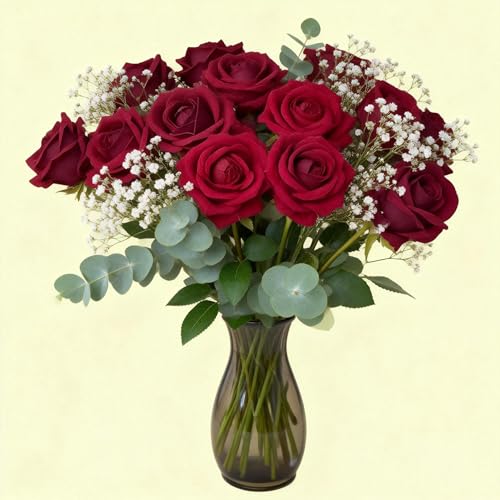 12PCS Artificial Silk Fake Roses Bouquet Long Stem, Wine Red | Realistic Fake Roses, Home Wedding Decoration, Party Table Decoration, Valentines Mother's Day - color: 12 Wine Red