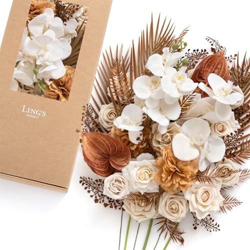 Ling's moment Fake Flowers Box, Faux Artificial Greenery Stems Foam Roses Anthurium Silk Orchid Hibiscus Fabic Flower for Centerpieces Bouquet Wedding Vase Decorations, White & Brown, Deluxe Combo - color: Beg-white & Brown, size: Deluxe