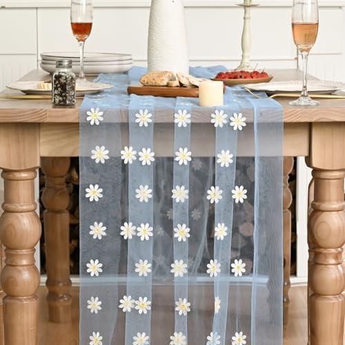 Artoid Mode Sky Blue Daisy Gauze Embroidery Table Runner 120 Inch 10FT, Tulle Seasonal Spring Kitchen Dining Holiday Table Decor for Home Party - color: Sky Blue