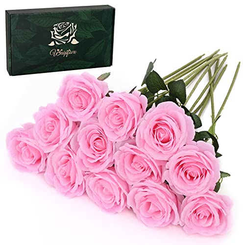 Waipfaru 12 Pcs Artificial Flowers Fake Silk Pink Roses Bulk, Faux Real Touch Roses Bouquet with Long Stem for Wedding Party Home Decor (Pink) - color: B-pink, size: 12 Pcs