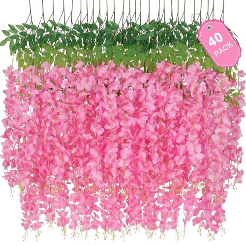 40 Pack Wisteria Hanging Flowers,Hanging Flowers,Fake Wisteria, Hanging Flowers for Decoration,Artificial Flowers,Vines for Bedroom, Wisteria for Wedding Decorations for Home Party(3.6 Ft/Pcs, Pink) - color: Pink, size: 40 Pcs