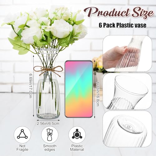 Thiccywoov 19 Pack Artificial Peony Flowers with Vase Bulk, 12 Bundles Faux Peony Bouquet 6 Vase with 1 Rope Silk Flower Arrangement Wedding Table Centerpiece for Wedding Bridal Shower(White) - color: White