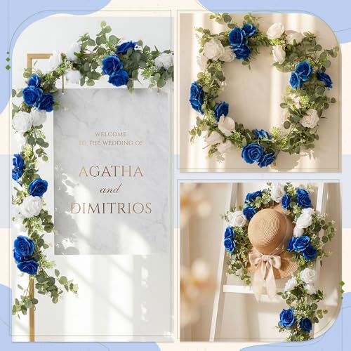 Riceshoot 6 Pcs 26 ft Artificial Eucalyptus Vines Garland with Flowers Faux Floral Greenery Garlands Rose Wreath for Wedding Party Arch Table Decor Backdrop Decorations (Blue and White) - color: Blue and White