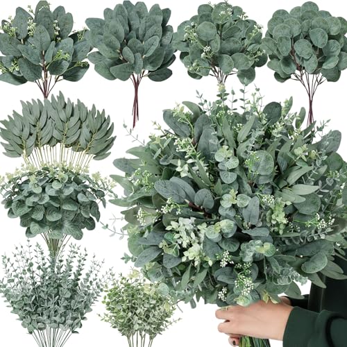 Serwalin 130 Pcs 8 Kinds Mixed Eucalyptus Stems Bulk,Artificial Greenery Silver Dollar Eucalyptus Leaves Picks for Centerpieces Vase DIY Bouquet Arrangement Home Decor - color: Attractive Eucalyptus Leaves Stems