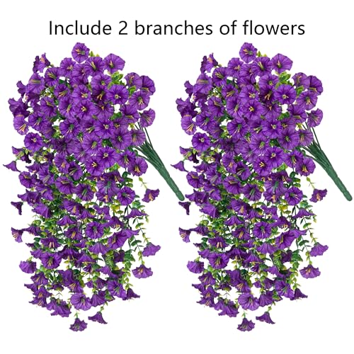 Artificial Faux Hanging Flowers Plants for Outdoor Decor,2 PCS Fake Silk Morning Glory with Eucalyptus UV Resistant Realistic Trailing Vine for Wall Home Porch Patio Balcony Yard Indoor Decor, Purple - color: Purple