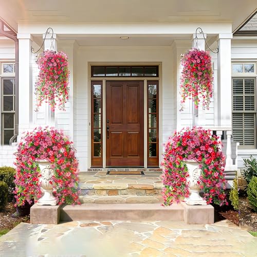CCILAND 2 PCS Artificial Hanging Flowers for Outdoors, Fake Flower Plants UV Resistant Faux Hanging Spring Flowers for Home Porch Garden Patio Yard (Double Pink) - color: Double Pink