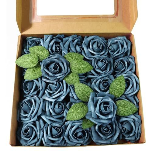 Artificial Flowers 25 Pack Blue Faux Foam Roses with Stems, Real Looking Fake Rose for DIY Wedding Bouquets, Bridal Shower Centerpieces, Party Table Decorations, Home Decor - color: Navy Blue, size: 25Pcs