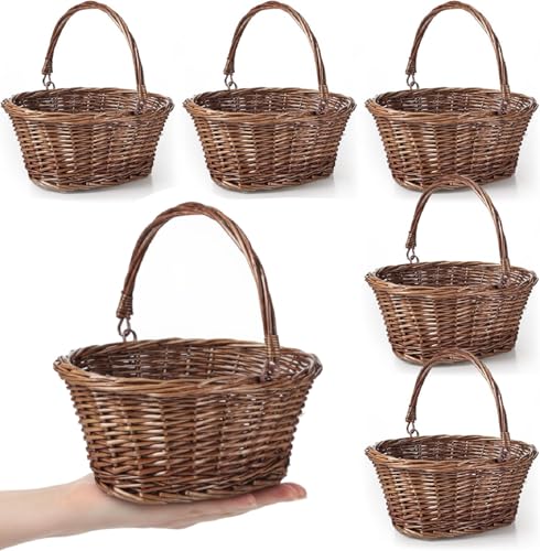 Barydat Small Wicker Basket with Handle Flower Girl Baskets Oval Willow Woven Braided Gift Basket for Weddings Picnic Baby Shower Home Garden Decor(6 Pcs,Brown,9" x 7" x 4") - color: Brown, size: 9" x 7" x 4"