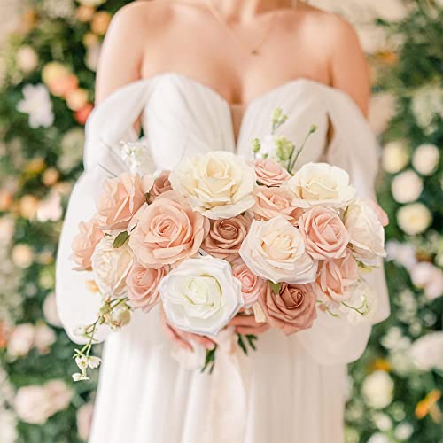 FACINOC Roses Artificial Flowers Bouquet Combo Box Set Fake Flower Bulk for DIY Bridal Baby Shower Decorations Wedding Centerpieces for Table Silk Floral Arrangements Party Home Decor Indoor Peach - color: Pastel Peach, Beige