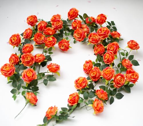 2Pcs 12Ft Bendable Artificial Flower Garland Faux Rose Vine Hanging Floral Garland for Wall Decor Trellis Fence Home Room Garden Wedding Decoration(Orange, 2pcs) - color: Orange, size: 2pcs