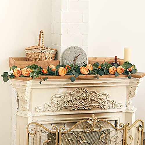 MISSPIN 2pcs Artificial Flowers Garland Spring Eucalyptus Garland Vintage Fake Flower Peony Rose Vine Greenery Decorative Wall Hanging Plant for Wedding Arch Door Arrangement Party Decor - color: Orange,2