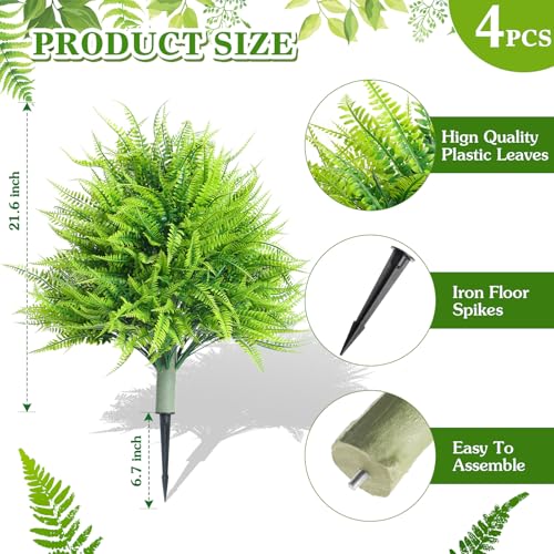 4 Artificial Boston Fern with Integrated Ground Stake 24'' Realistic UV Resistant Faux Plant with Spike for Indoor Outdoor Garden Yard Spring Summer Wedding Decoration
