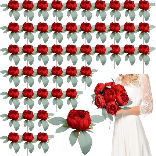 Artificial Peonies Flowers Bulk, 50Pcs 4’’ Red Peonies Fake Silk Flowers Heads for Table, Faux Peony Arrangements for Wedding, Valentine, Engagement, Party, Coffee, Dining Decorations(Red) - color: Red