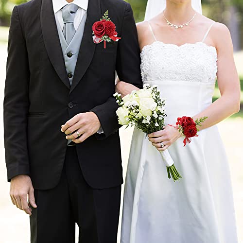Wrist Corsage and Boutonniere Set for Bride Groom Bridesmaids Groomsmen Wedding Homecoming Flowers Prom Suit Accessories, Rose Boutonniere and Corsage Wristlet Flower - color: Red