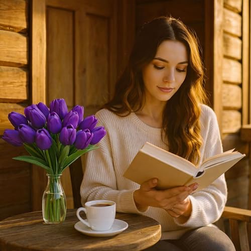 20 Pcs Tulips Artificial Flowers, 13.5'' Real Touch PU Fake Flowers Bouquet for Home Party, Spring Wedding Floral Arrangement, Valentine's, Easter and Mother's Day Decor (Purple) - color: Purple