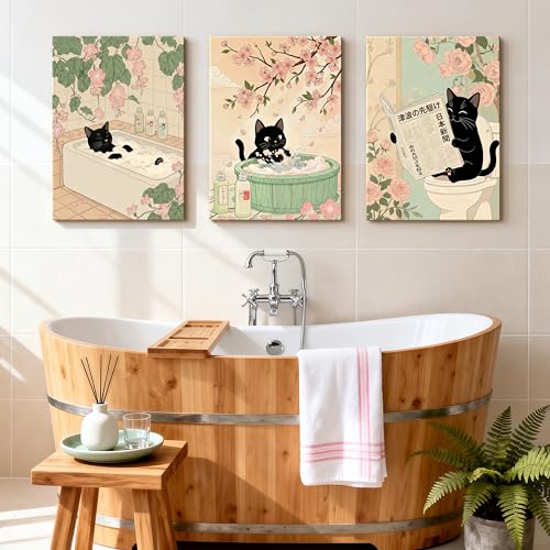 WENGTIAO Japanese Bathroom Wall Art Set of 3 Funny Black Cat Wall Paintings Cute Japan Cat Prints Pictures Animal on Toilet Photo Home Decor for Bathroom Restroom Laundry Room 16”x24”x3 - color: Black Cat Bathroom, size: 16"x24"x3Pcs