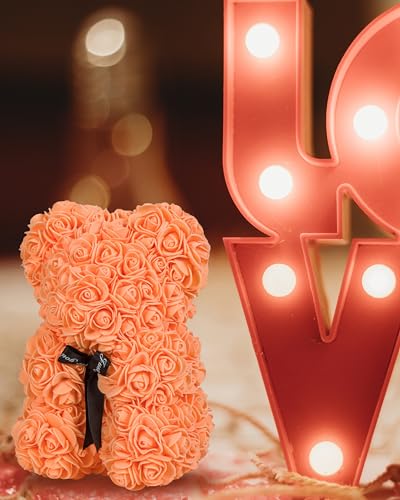 DuHouse Rose Bear Rose Teddy Bear Flower Gift Black Box for Valentines Gifts Anniversary Christmas,Birthdays Bridal Showers -Fully Handmade 10 inch Flower Bear Clear Gift Box (Orange) - color: Orange