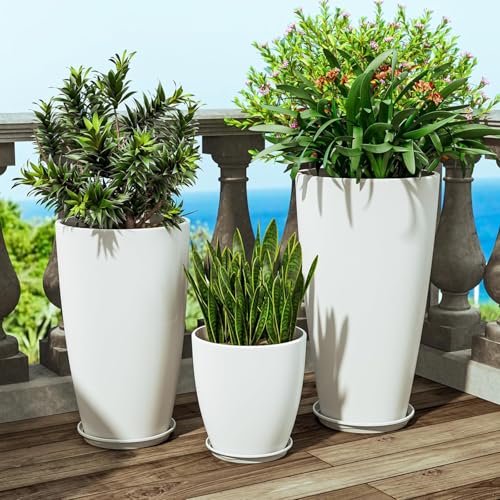 QCQHDU 24,21,11 inch Large Planters with Drainage Hole & Saucer, Set of 3 Plant Pots Tall Planter for Indoor & Outdoor Plants Home Modern Decor - color: White, size: 24,21,11 inch