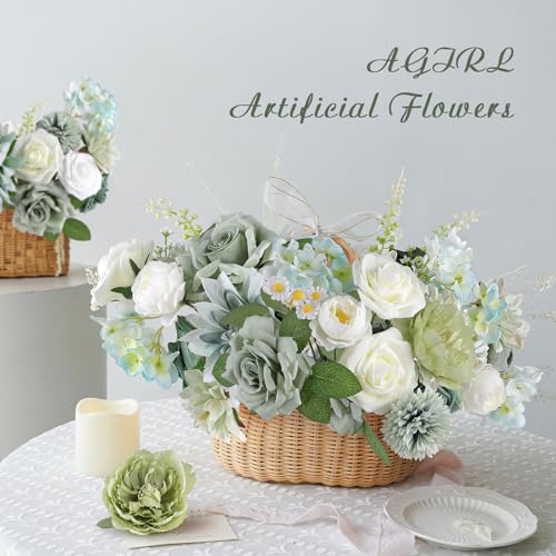 AGIRL Artificial Flowers Combo Silk Mix Green Fake Flower with Stems for DIY Wedding Bouquets Centerpieces Arrangements Table Chair Decor Baby Shower Home Decor (Sage Green) - color: Sage Green
