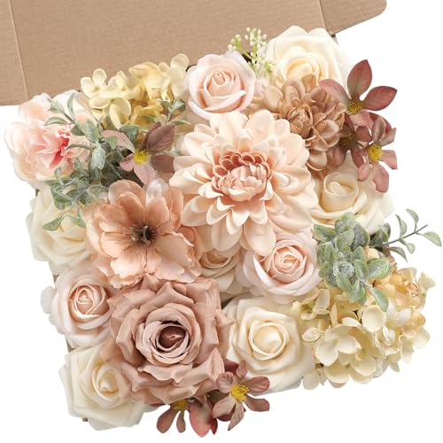Nude Color Artificial Flowers Set - Fake Roses, Peonies, Dahlia, Silk Flowers with Stems for DIY Wedding Bouquets,Floral Arrangement,Table Centerpieces,Baby Shower, Home Decor - color: Champagne