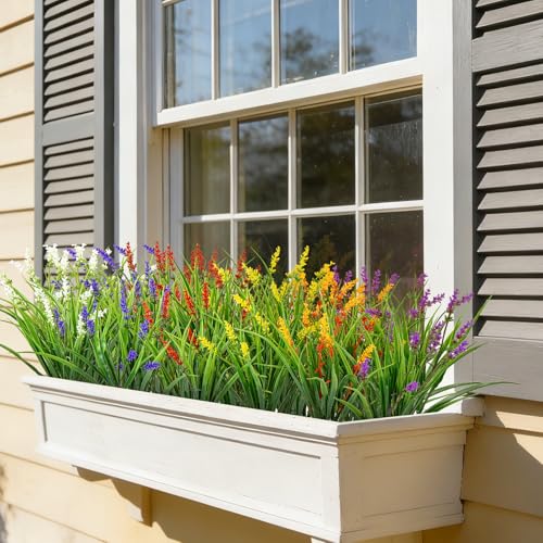 24 Bundles Artificial Plants Flowers Outdoor, Faux Lavender Flowers Fake Monkey Grass UV Resistant Plastic Plant for Porch Garden Patio Window Home Decor, Mixed Color - color: Multi Color