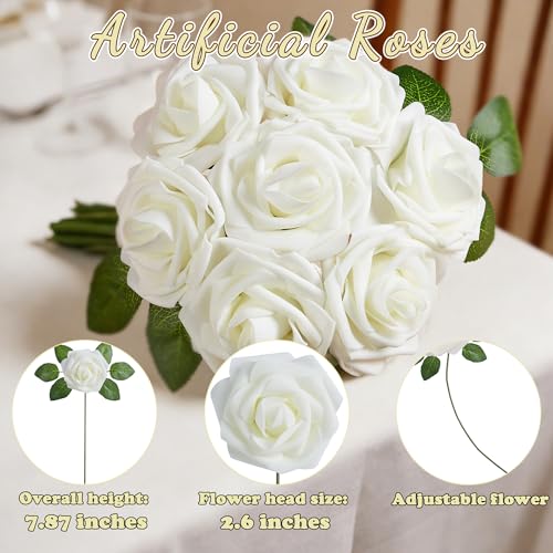 16 Pcs Fake Roses White Artificial Flowers | Foam Roses with Stems, White Foam Flowers for DIY Wedding Bouquets, Centerpieces, Party, Home Decor - color: Milky White