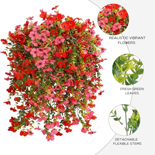 Artificial Hanging Flowers for Outdoor Decor, 6 Bundles UV Resistant Faux Silk Flowers, Fake Hanging Plants for Porch Patio Yard Planter Indoor Home Decoration(Red, Fuchsia) - color: Red＆fuchsia