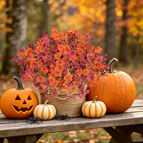 Artificial Flowers for Outdoors UV Resistant, 12 Bundles Realistic Faux Daisy with Eucalyptus Leaves Fake Plants for Porch Patio Planter Garden Decoration (Brown Orange) - color: Brown Orange