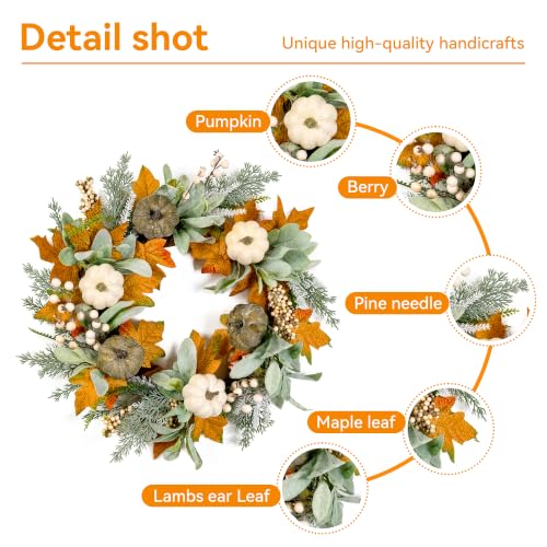 20" Fall Wreath Front Door Pumpkin Lambs Ear Maple Leaf Artificial Wall Decor Farmhouse Autumn Wreath Thanksgiving Home Porch Outdoor Indoor Holiday Harvest Decor - color: Clear, size: 20''