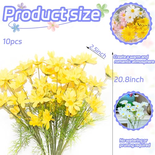 Yellow Artificial Daisies Outdoor UV Resistant, 10 Bundles Daisy Flowers Artificial for Decoration, 20.8 Inch Faux Wildflowers Silk Flowers Bulk for Home Kitchen, Table Centerpieces, Arrangement - color: Yellow