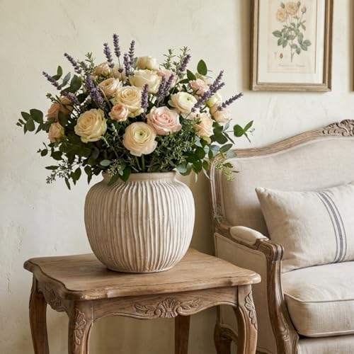 Oakrain Large Rustic Decorative Vase, 9" Distressed Round Floor Vase for Home Decor, Farmhouse Centerpieces Planters for Living Room Indoor Outdoor Use, Vintage White - color: Vintage White, size: 9" Dia
