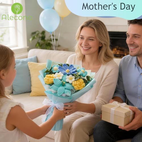 Alecono Crochet Flower Bouquet, Blue and Yellow Handmade Knitted Flowers, Crochet Tulips Galsang Flower for Lover Anniversary Birthday Mother's Day Graduation Gifts (with Card) - color: Light Blue, Yellow, size: Large