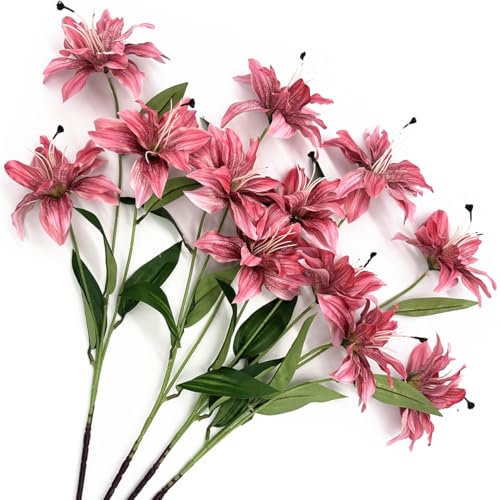 Artifical Lily Flowers Full Bloom Silk Flower Long Stems 4 Pack, Fake Stargazer Lilies Bundles Faux Tiger Lily Floral Plant for Wedding Bouquet Home Hotel Office Vase Arrangement Party Decor - Pink - color: Lily Silk Flowers / Pink 4 Pack
