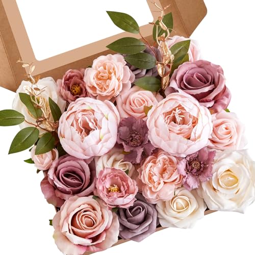 Serwalin 2 Pcs Artificial Flowers Pink Wedding Cake Flowers, Fake Dusty Roses Peonies for Bouquets Table Centerpieces Wedding Home Decor, Baby Shower Party Flowers with Stems DIY Combo - color: A Abby Dusty Pink, size: 2 Boxes