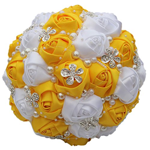 S-ssoy Wedding Bouquet - Bride Bridal Brooch Bouquets Bridesmaid with Free Corsage Flower, Yellow+White - color: Yellow+white