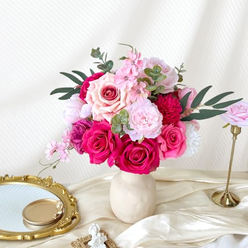 Fuschia Silk Artificial Flowers Combo Box Set Hot Pink Roses Flowers Dahlia DIY Bridal Wedding Bouquets Cake Fake Floral with Stems Arrangements Baby Shower Party Table Centerpieces Home Decor - color: Hot Pink, Fuchsia
