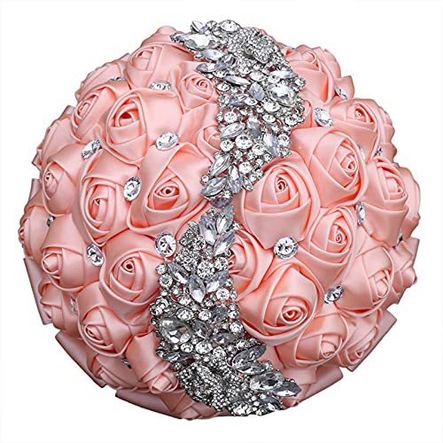 XINNI Handmade Bridal Wedding Bouquet Bride Bridesmaid Satin Rose Flower Bouquet with Meteor Shower Shape Rhinestone Wedding Decoration Shell Pink - color: Shell Pink